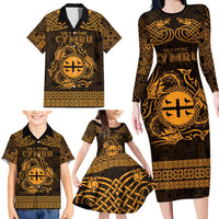 Personalized Flintshire Sir y Fflint Family Matching Long Sleeve Bodycon Dress and Hawaiian Shirt Gold Four Choughs Celtic-inspired - Wonder Print Shop