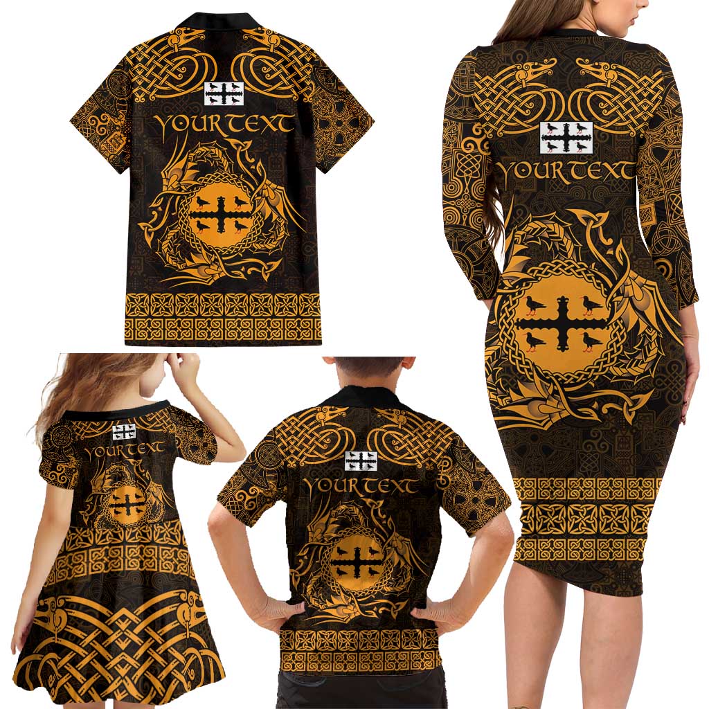 Personalized Flintshire Sir y Fflint Family Matching Long Sleeve Bodycon Dress and Hawaiian Shirt Gold Four Choughs Celtic-inspired - Wonder Print Shop