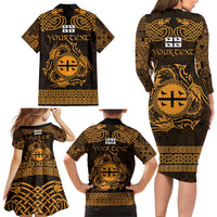 Personalized Flintshire Sir y Fflint Family Matching Long Sleeve Bodycon Dress and Hawaiian Shirt Gold Four Choughs Celtic-inspired - Wonder Print Shop