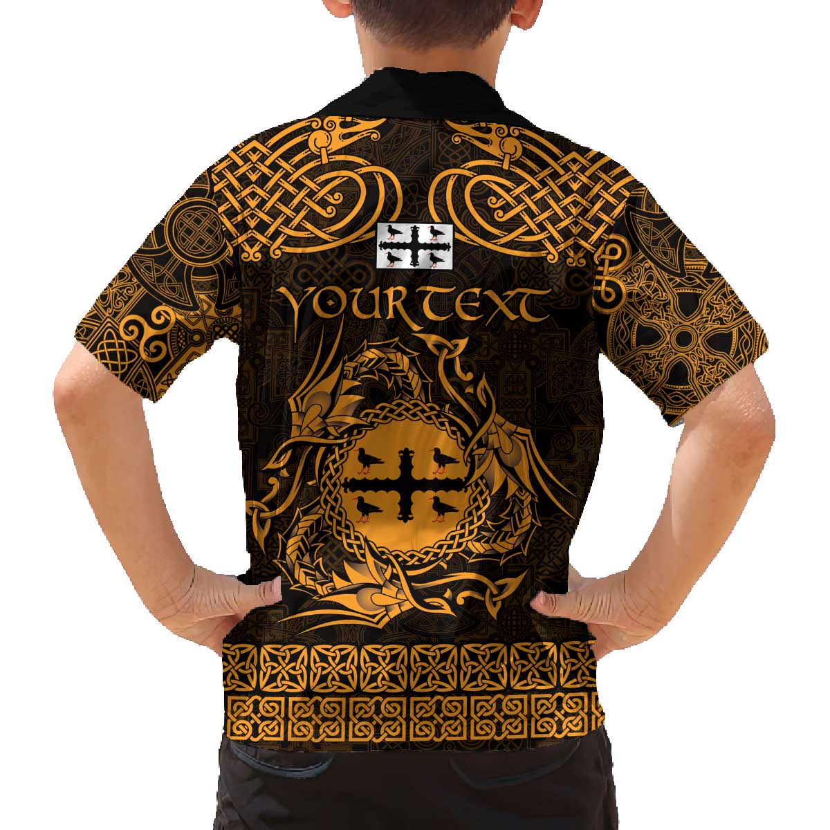 Personalized Flintshire Sir y Fflint Family Matching Off The Shoulder Long Sleeve Dress and Hawaiian Shirt Gold Four Choughs Celtic-inspired - Wonder Print Shop