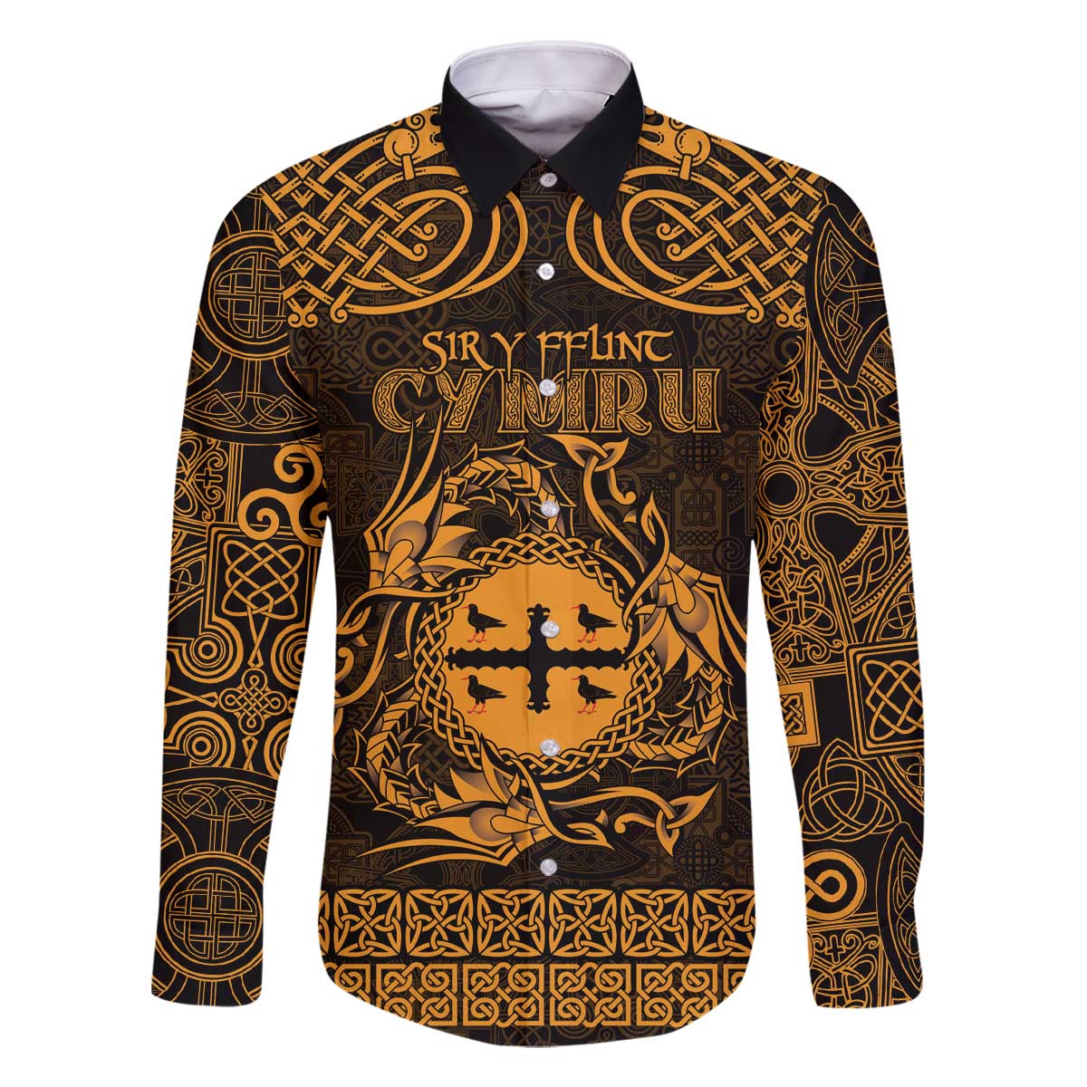 Personalized Flintshire Sir y Fflint Family Matching Off The Shoulder Long Sleeve Dress and Hawaiian Shirt Gold Four Choughs Celtic-inspired - Wonder Print Shop