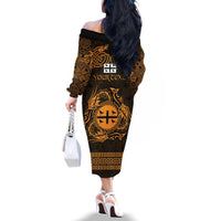 Personalized Flintshire Sir y Fflint Family Matching Off The Shoulder Long Sleeve Dress and Hawaiian Shirt Gold Four Choughs Celtic-inspired - Wonder Print Shop