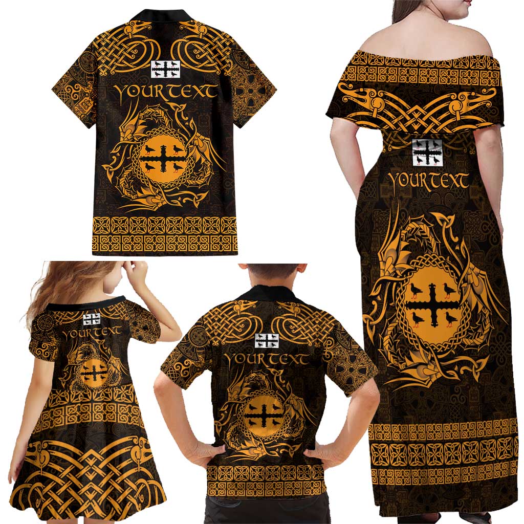 Personalized Flintshire Sir y Fflint Family Matching Off Shoulder Maxi Dress and Hawaiian Shirt Gold Four Choughs Celtic-inspired - Wonder Print Shop