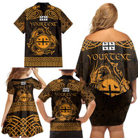 Personalized Flintshire Sir y Fflint Family Matching Off Shoulder Short Dress and Hawaiian Shirt Gold Four Choughs Celtic-inspired - Wonder Print Shop