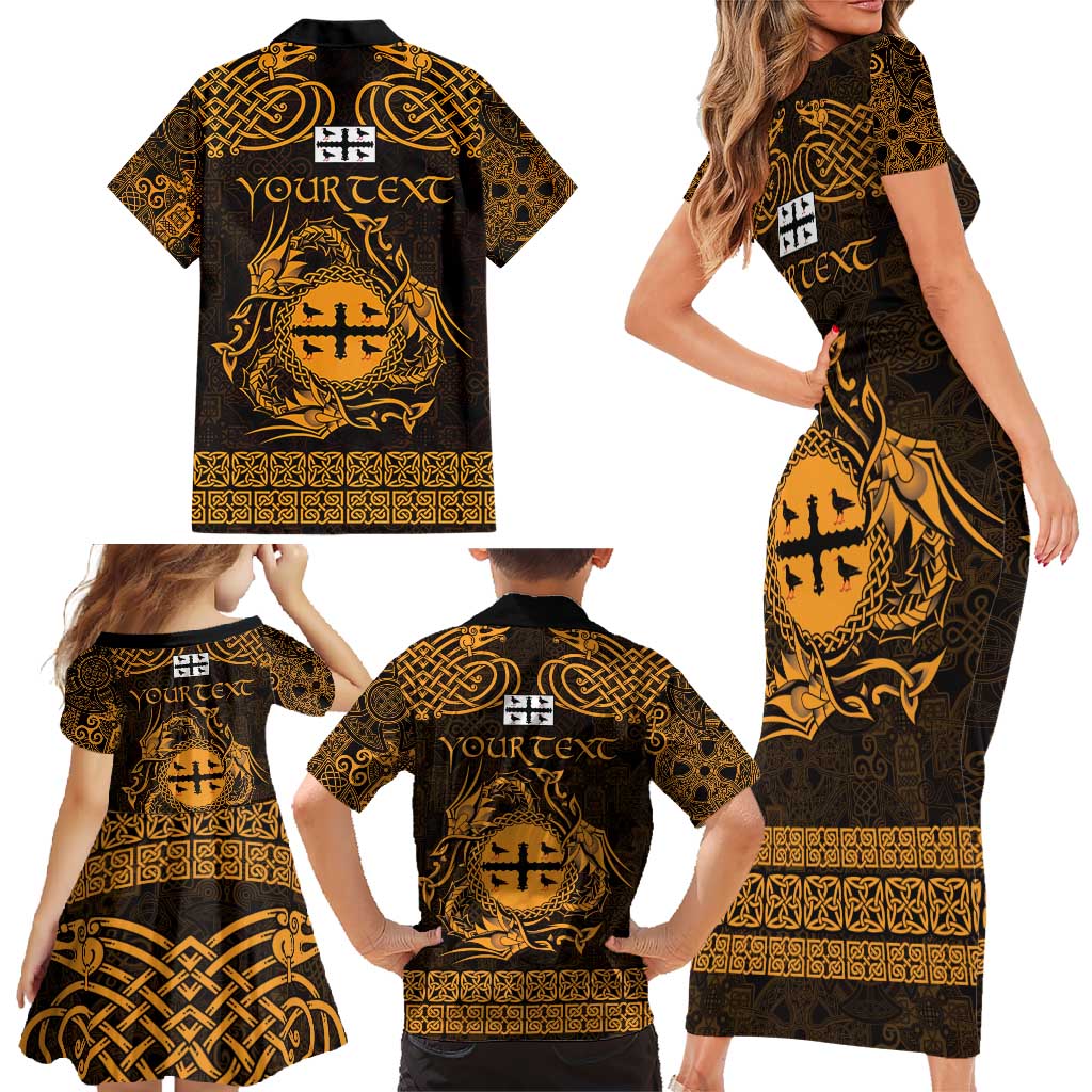 Personalized Flintshire Sir y Fflint Family Matching Short Sleeve Bodycon Dress and Hawaiian Shirt Gold Four Choughs Celtic-inspired - Wonder Print Shop