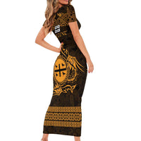 Personalized Flintshire Sir y Fflint Family Matching Short Sleeve Bodycon Dress and Hawaiian Shirt Gold Four Choughs Celtic-inspired - Wonder Print Shop