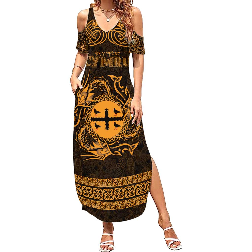 Personalized Flintshire Sir y Fflint Family Matching Summer Maxi Dress and Hawaiian Shirt Gold Four Choughs Celtic-inspired - Wonder Print Shop