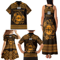 Personalized Flintshire Sir y Fflint Family Matching Tank Maxi Dress and Hawaiian Shirt Gold Four Choughs Celtic-inspired - Wonder Print Shop