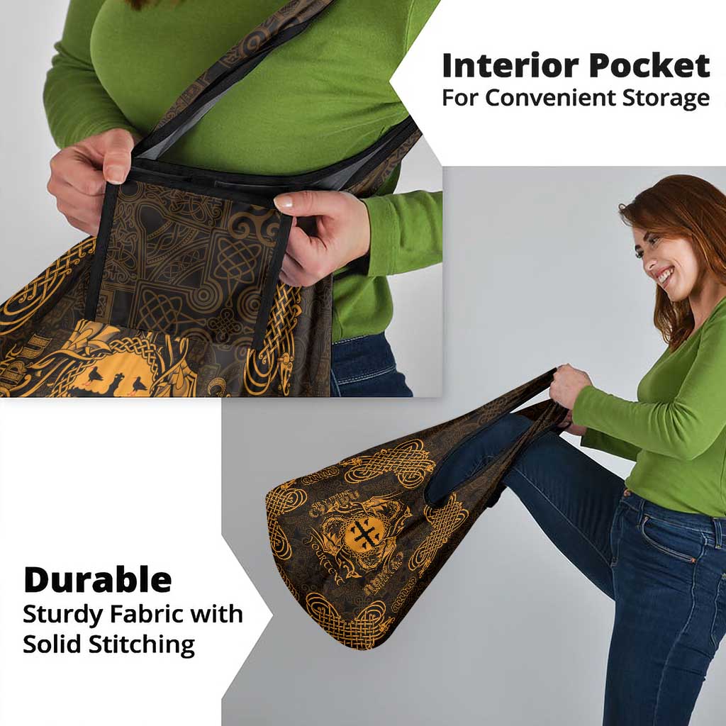 Personalized Flintshire Sir y Fflint Grocery Bag Gold Four Choughs Celtic-inspired - Wonder Print Shop