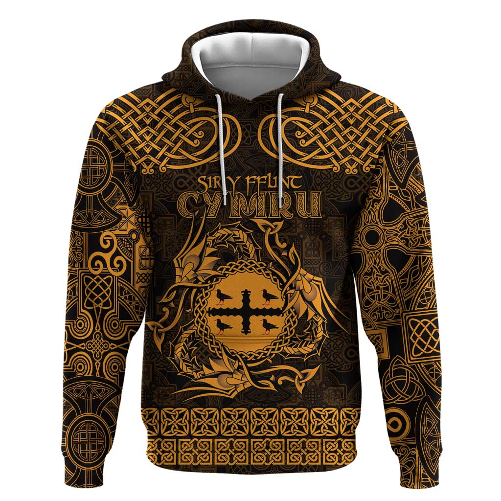 Personalized Flintshire Sir y Fflint Hoodie Gold Four Choughs Celtic-inspired - Wonder Print Shop
