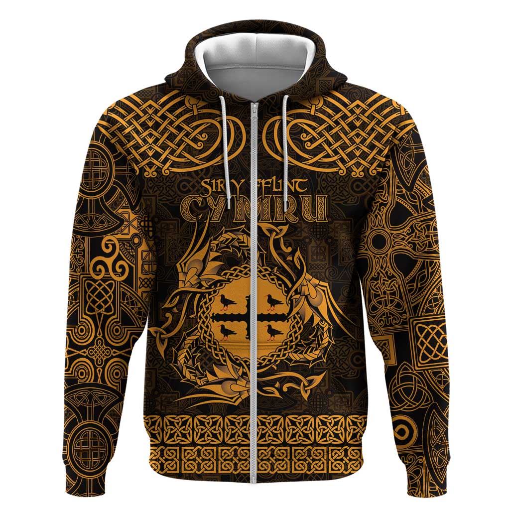 Personalized Flintshire Sir y Fflint Hoodie Gold Four Choughs Celtic-inspired - Wonder Print Shop