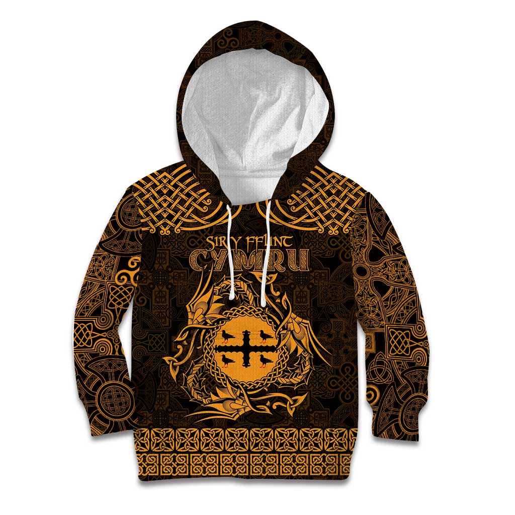 Personalized Flintshire Sir y Fflint Kid Hoodie Gold Four Choughs Celtic-inspired - Wonder Print Shop