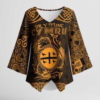 Personalized Flintshire Sir y Fflint Kimono Sleeve Blouse Gold Four Choughs Celtic-inspired - Wonder Print Shop