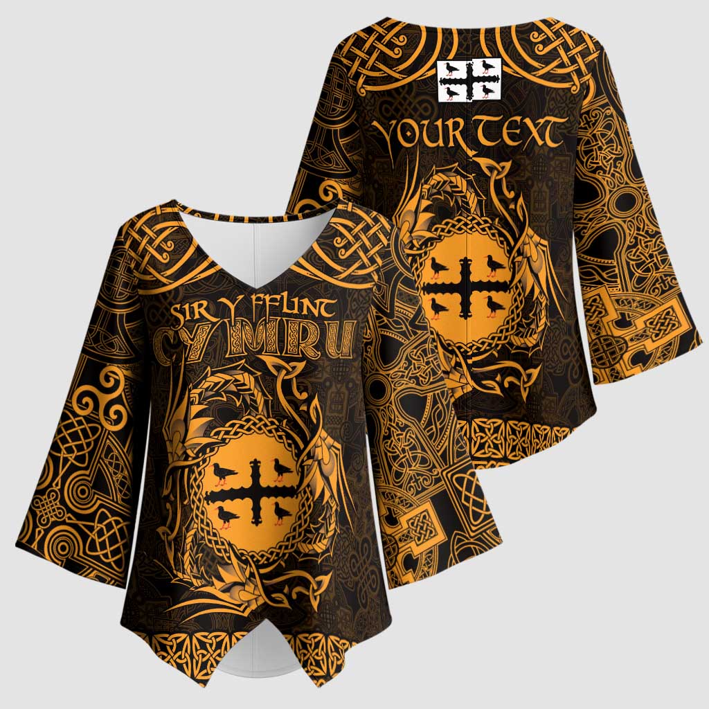 Personalized Flintshire Sir y Fflint Kimono Sleeve Blouse Gold Four Choughs Celtic-inspired - Wonder Print Shop