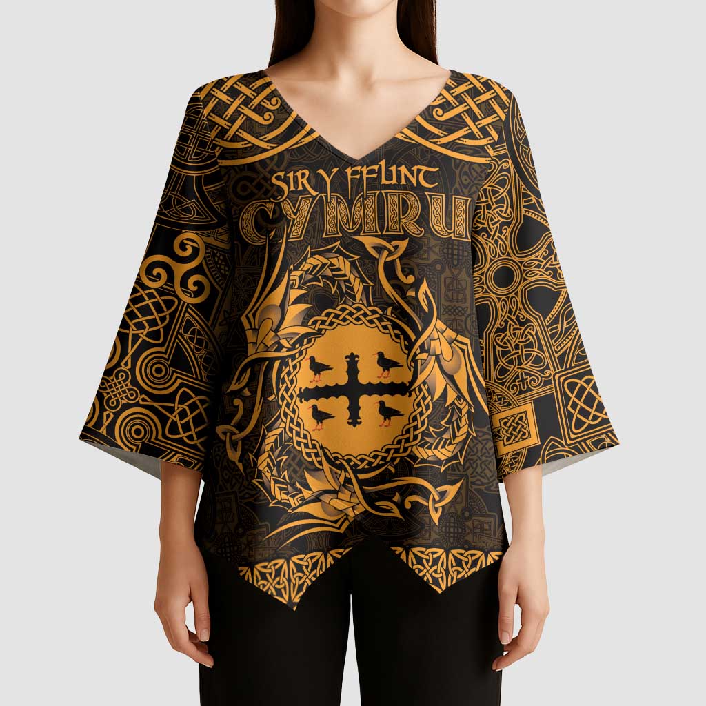 Personalized Flintshire Sir y Fflint Kimono Sleeve Blouse Gold Four Choughs Celtic-inspired - Wonder Print Shop