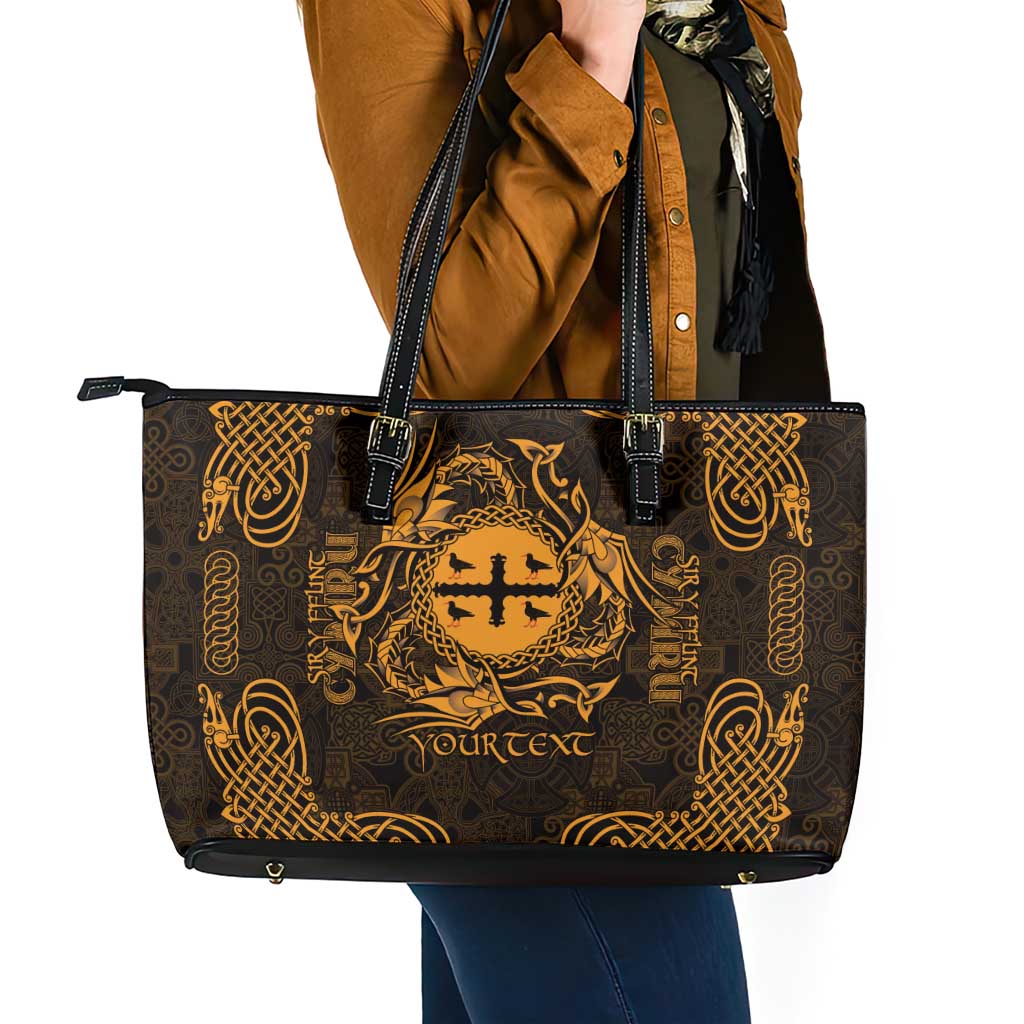 Personalized Flintshire Sir y Fflint Leather Tote Bag Gold Four Choughs Celtic-inspired - Wonder Print Shop