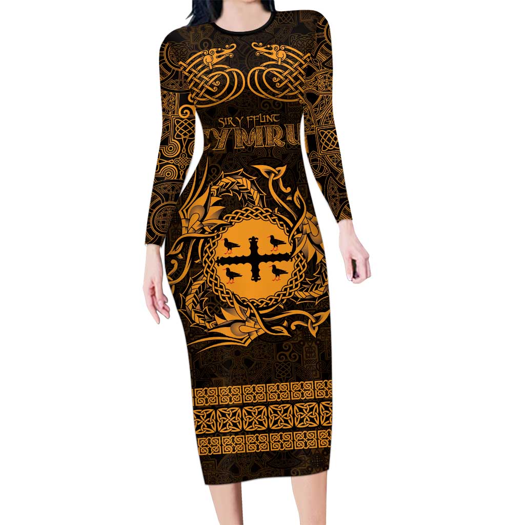 Personalized Flintshire Sir y Fflint Long Sleeve Bodycon Dress Gold Four Choughs Celtic-inspired - Wonder Print Shop