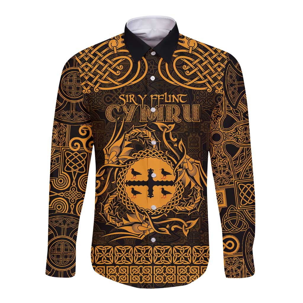 Personalized Flintshire Sir y Fflint Long Sleeve Button Shirt Gold Four Choughs Celtic-inspired - Wonder Print Shop