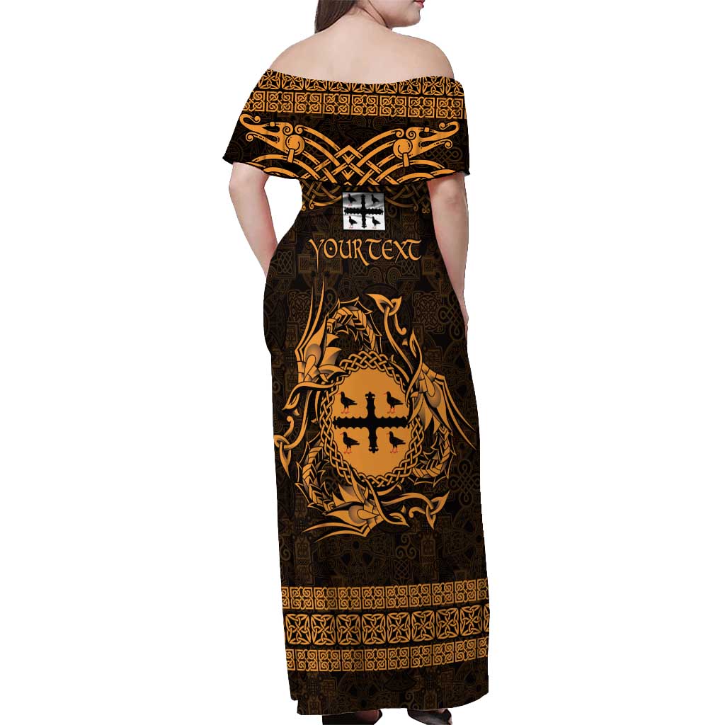 Personalized Flintshire Sir y Fflint Off Shoulder Maxi Dress Gold Four Choughs Celtic-inspired - Wonder Print Shop
