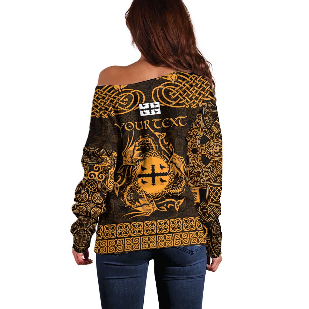 Personalized Flintshire Sir y Fflint Off Shoulder Sweater Gold Four Choughs Celtic-inspired - Wonder Print Shop