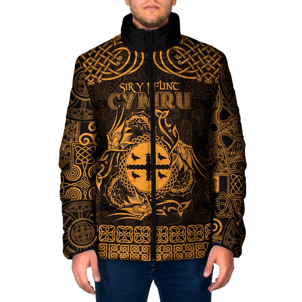 Personalized Flintshire Sir y Fflint Padded Jacket Gold Four Choughs Celtic-inspired - Wonder Print Shop