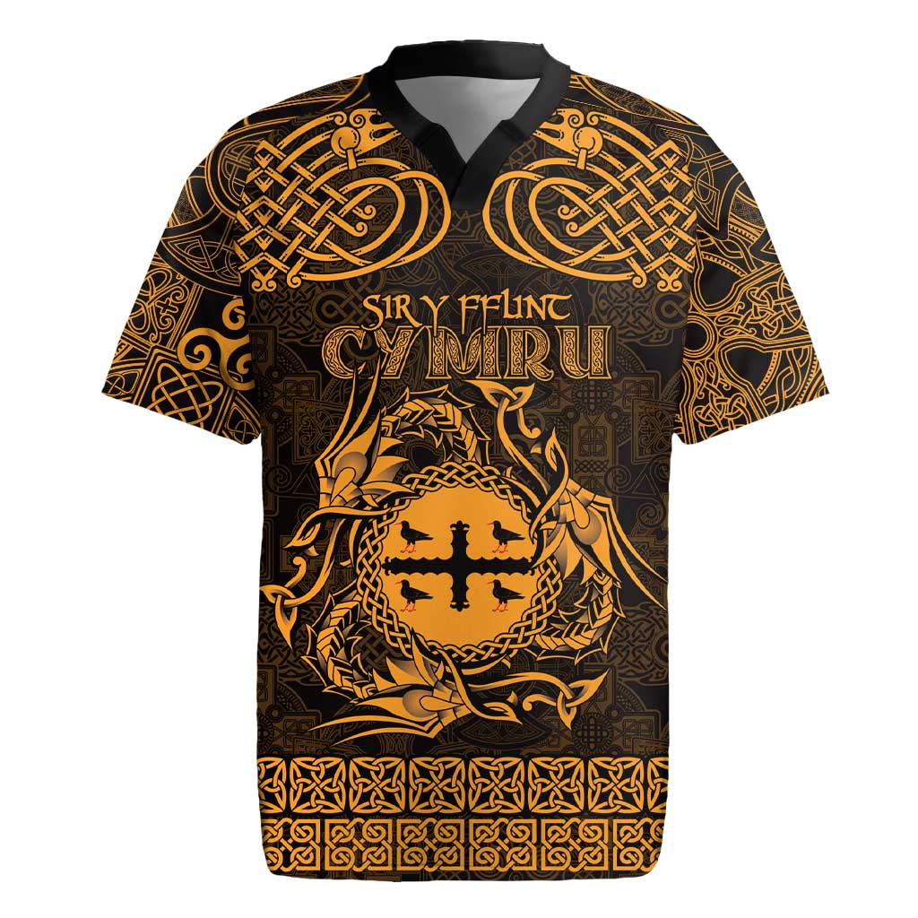 Personalized Flintshire Sir y Fflint Rugby Jersey Gold Four Choughs Celtic-inspired - Wonder Print Shop
