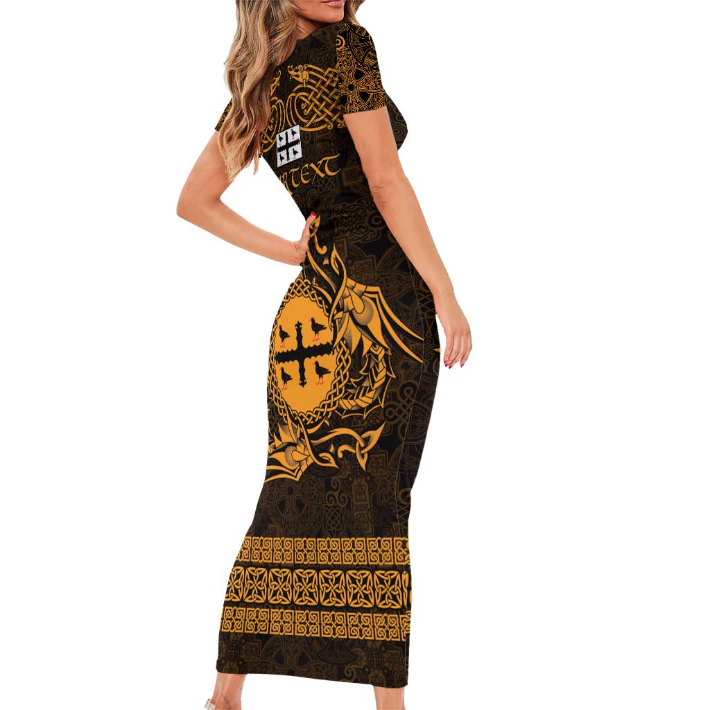 Personalized Flintshire Sir y Fflint Short Sleeve Bodycon Dress Gold Four Choughs Celtic-inspired - Wonder Print Shop
