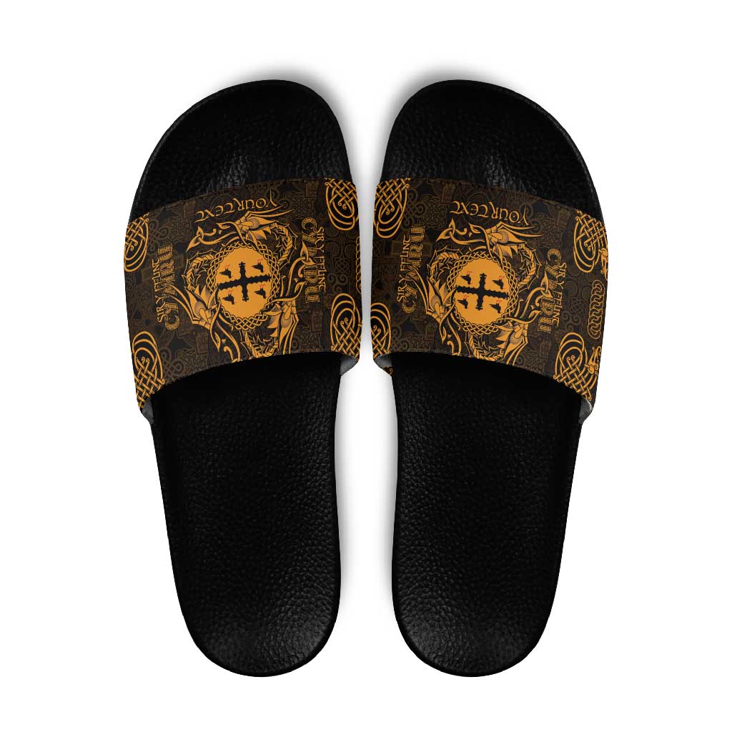 Personalized Flintshire Sir y Fflint Slide Sandals Gold Four Choughs Celtic-inspired - Wonder Print Shop