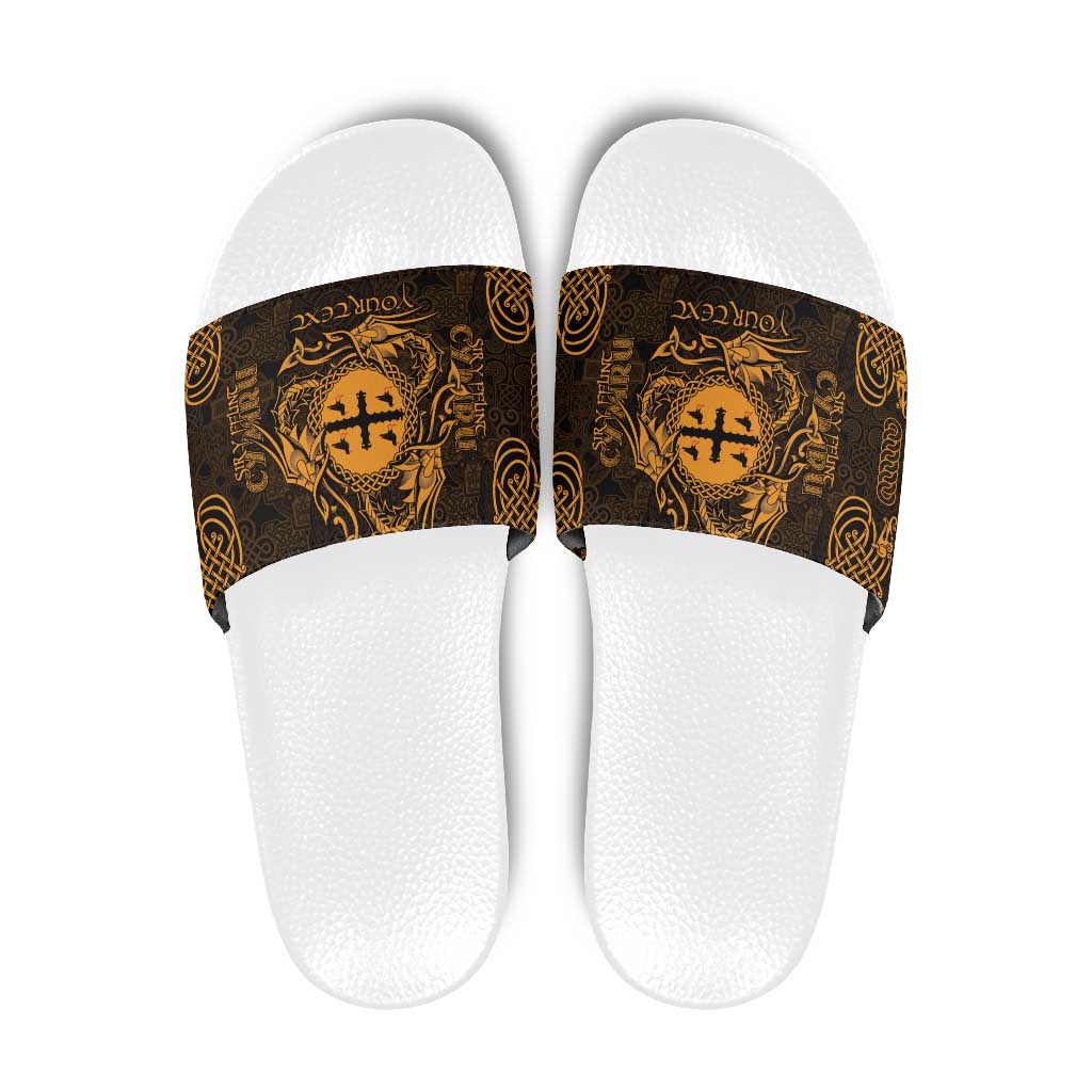 Personalized Flintshire Sir y Fflint Slide Sandals Gold Four Choughs Celtic-inspired - Wonder Print Shop