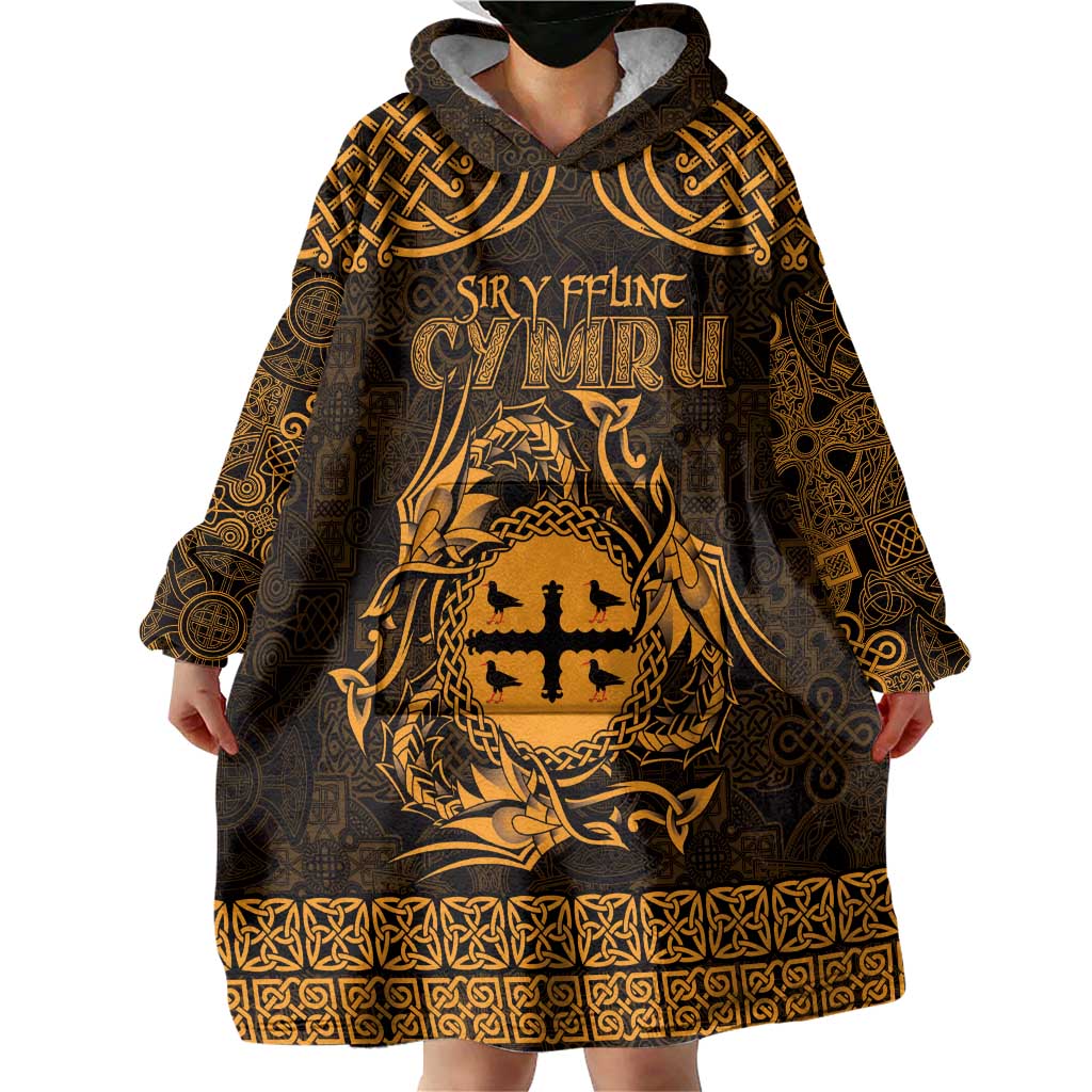 Personalized Flintshire Sir y Fflint Wearable Blanket Hoodie Gold Four Choughs Celtic-inspired - Wonder Print Shop