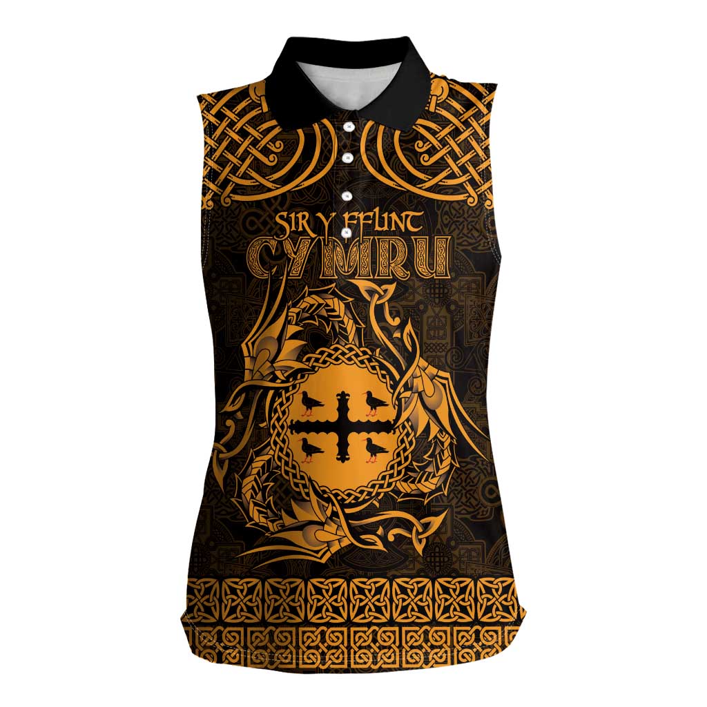 Personalized Flintshire Sir y Fflint Women Sleeveless Polo Shirt Gold Four Choughs Celtic-inspired - Wonder Print Shop