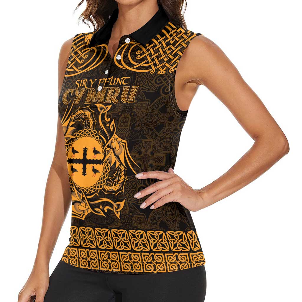 Personalized Flintshire Sir y Fflint Women Sleeveless Polo Shirt Gold Four Choughs Celtic-inspired - Wonder Print Shop