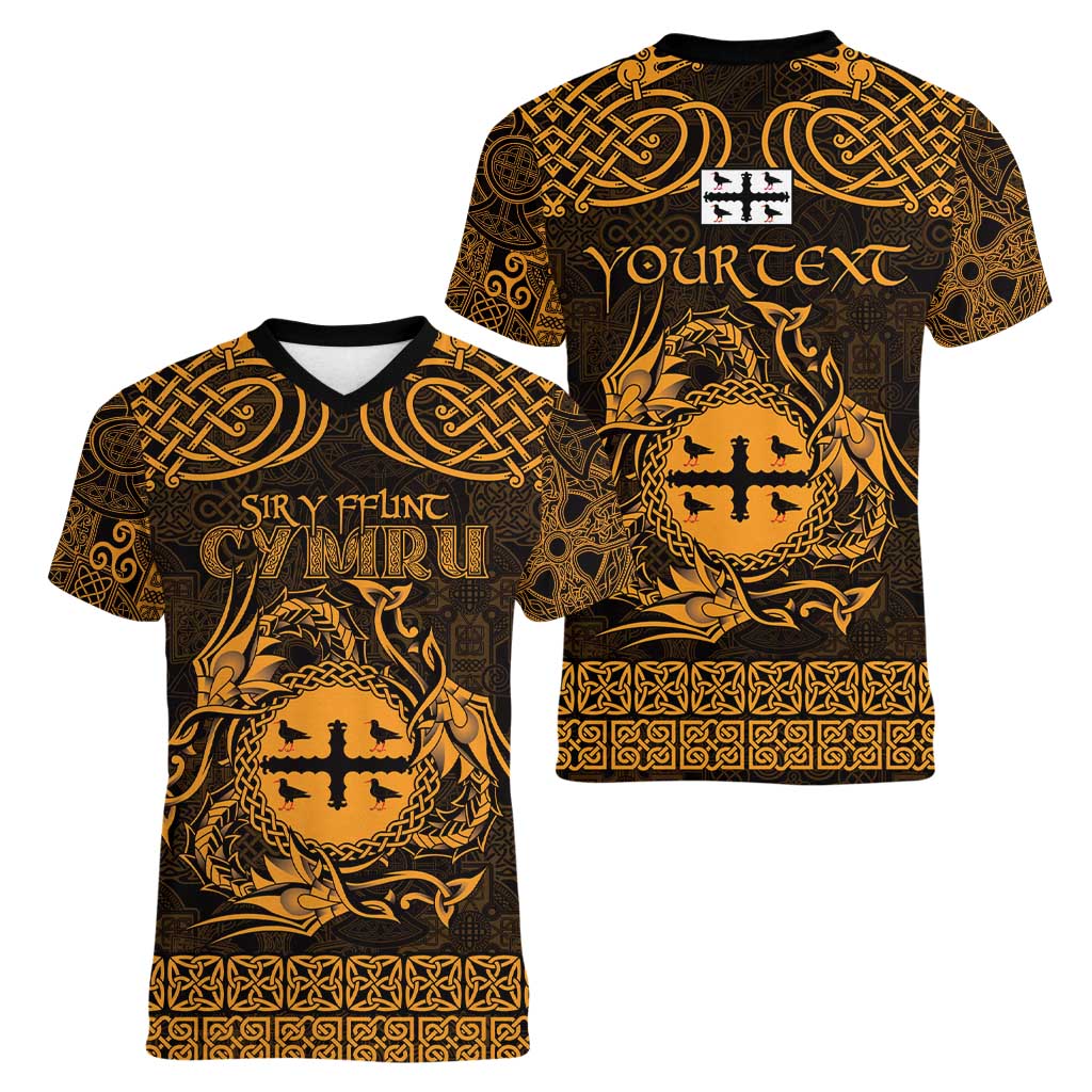 Personalized Flintshire Sir y Fflint Women V-Neck T-Shirt Gold Four Choughs Celtic-inspired - Wonder Print Shop