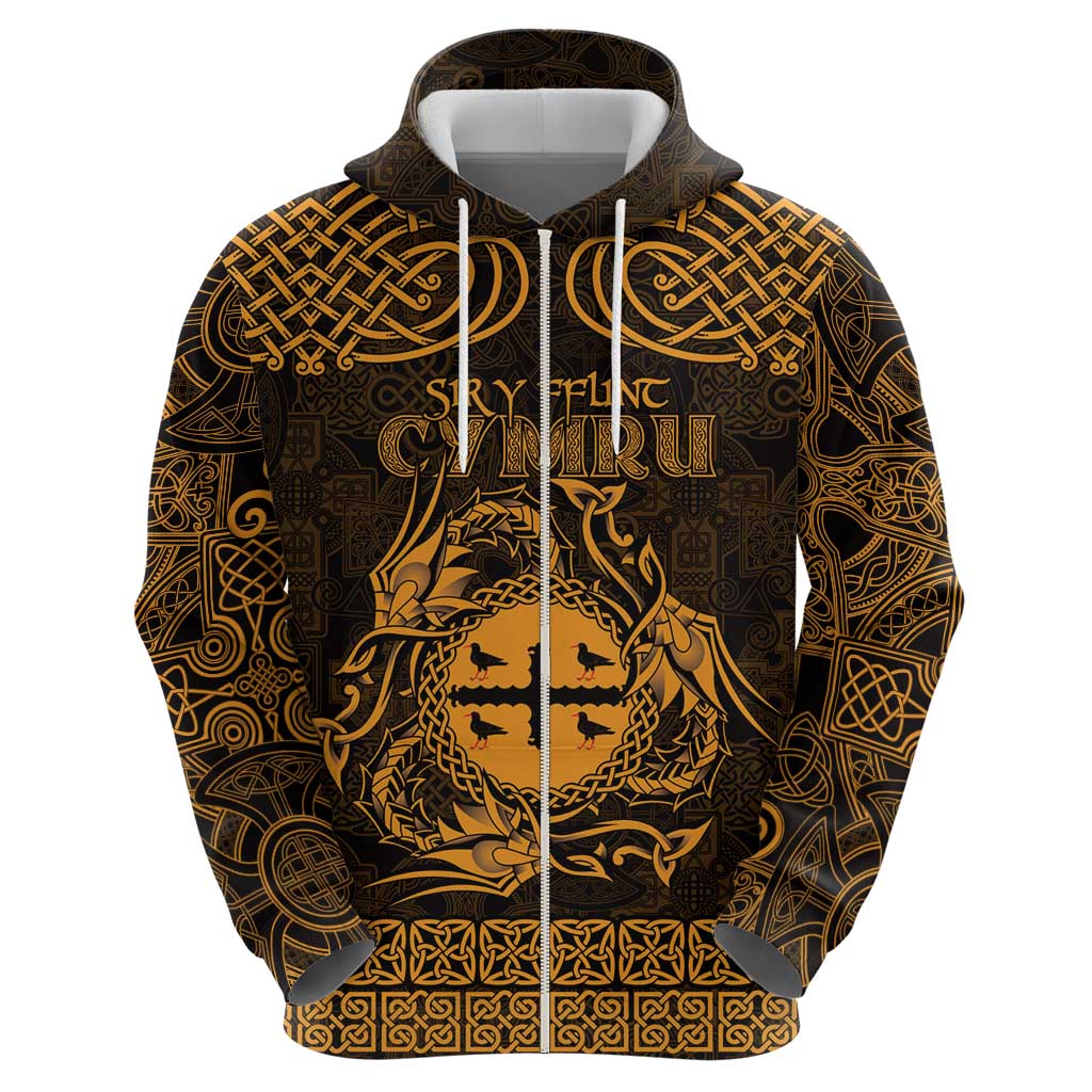 Personalized Flintshire Sir y Fflint Zip Hoodie Gold Four Choughs Celtic-inspired - Wonder Print Shop