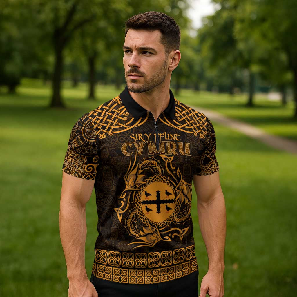 Personalized Flintshire Sir y Fflint Zipper Polo Shirt Gold Four Choughs Celtic-inspired - Wonder Print Shop