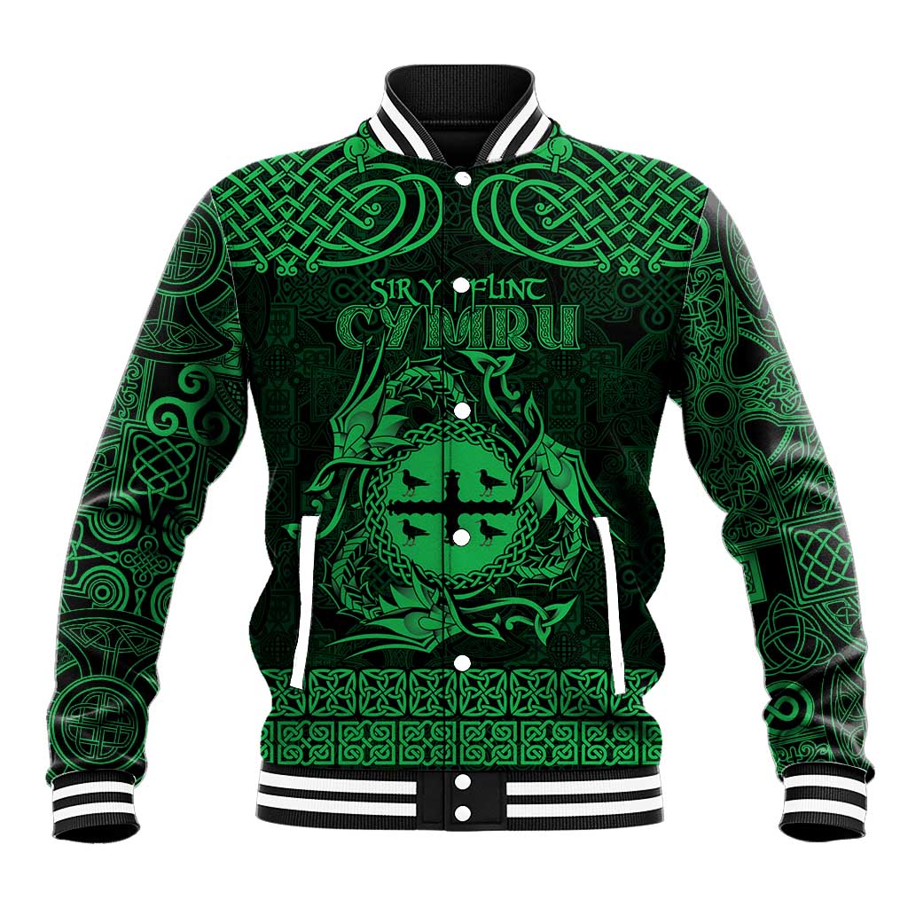 Personalized Flintshire Sir y Fflint Baseball Jacket Green Four Choughs Celtic-inspired - Wonder Print Shop