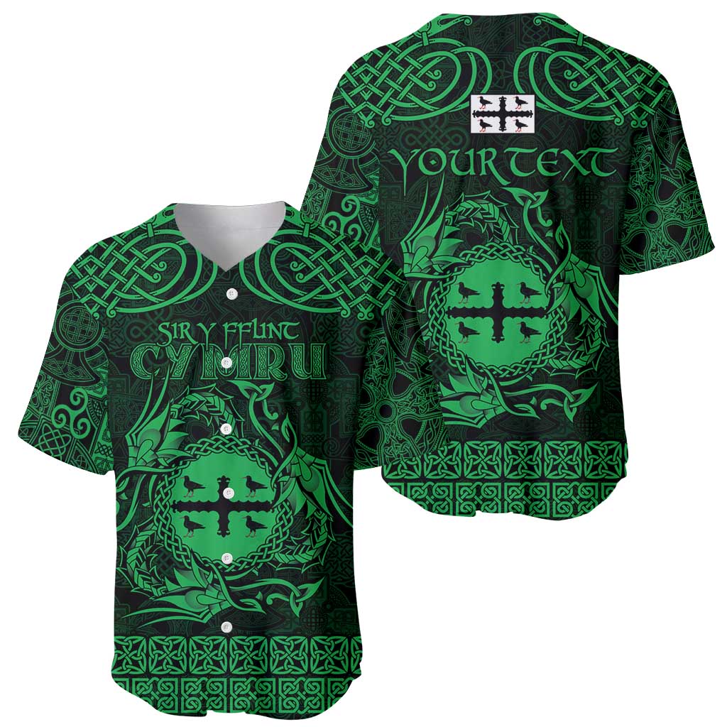 Personalized Flintshire Sir y Fflint Baseball Jersey Green Four Choughs Celtic-inspired - Wonder Print Shop