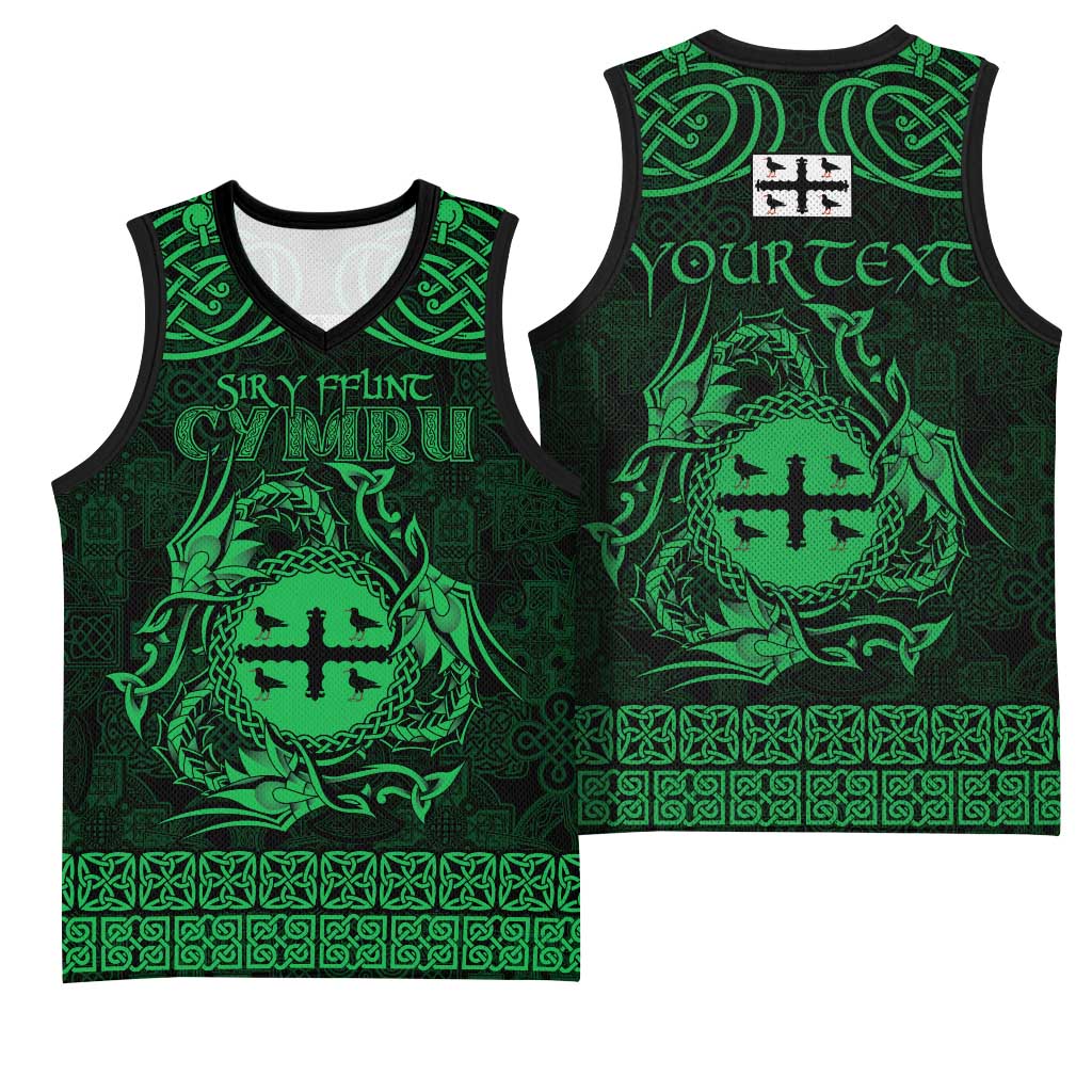 Personalized Flintshire Sir y Fflint Basketball Jersey Green Four Choughs Celtic-inspired - Wonder Print Shop