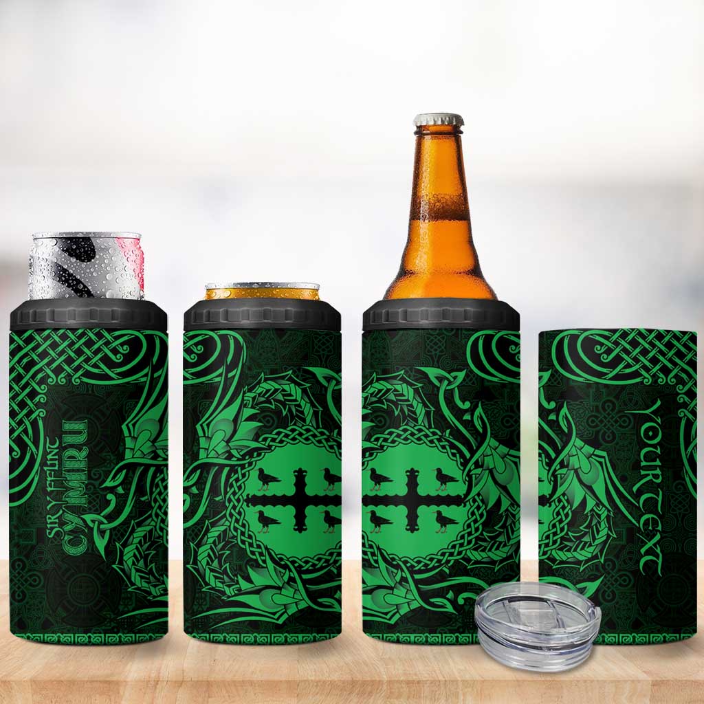 Personalized Flintshire Sir y Fflint 4 in 1 Can Cooler Tumbler Green Four Choughs Celtic-inspired - Wonder Print Shop