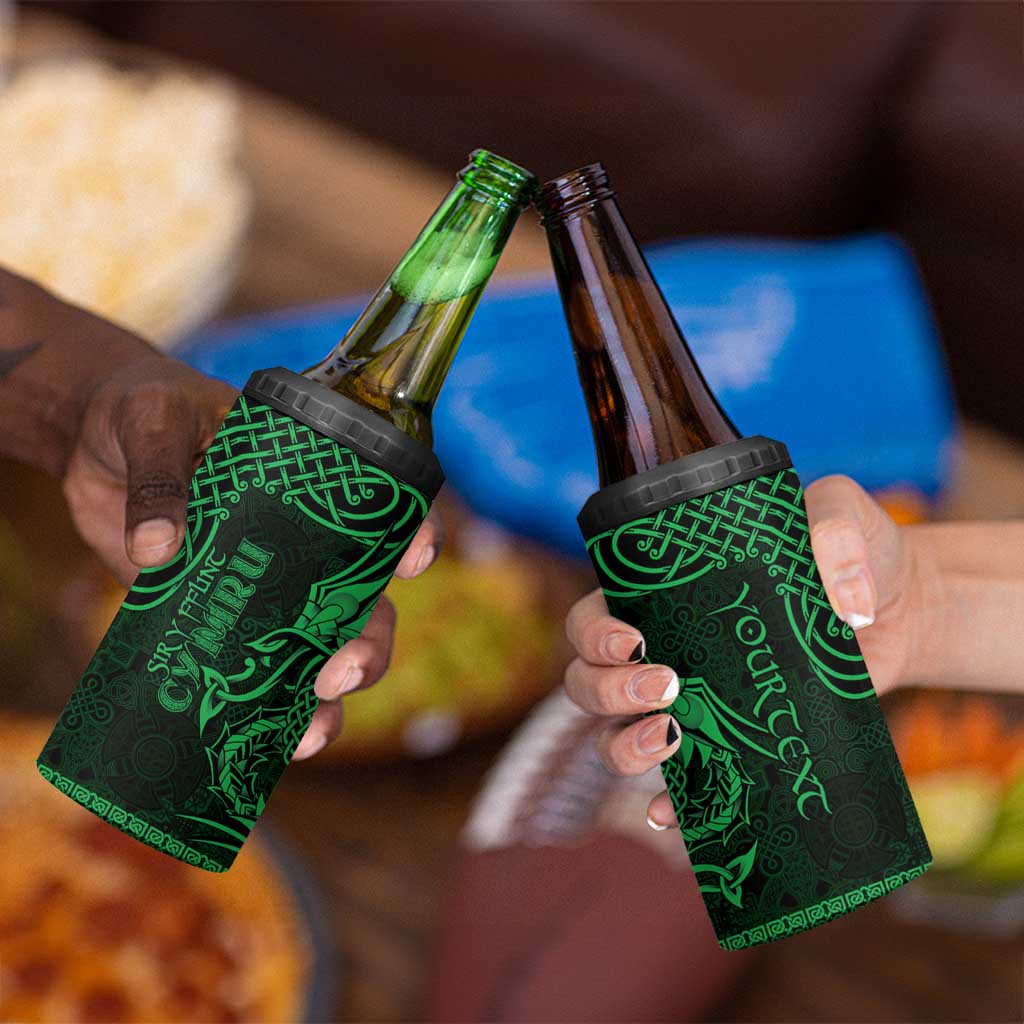 Personalized Flintshire Sir y Fflint 4 in 1 Can Cooler Tumbler Green Four Choughs Celtic-inspired - Wonder Print Shop