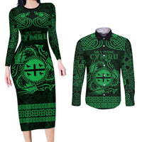 Personalized Flintshire Sir y Fflint Couples Matching Long Sleeve Bodycon Dress and Long Sleeve Button Shirt Green Four Choughs Celtic-inspired - Wonder Print Shop
