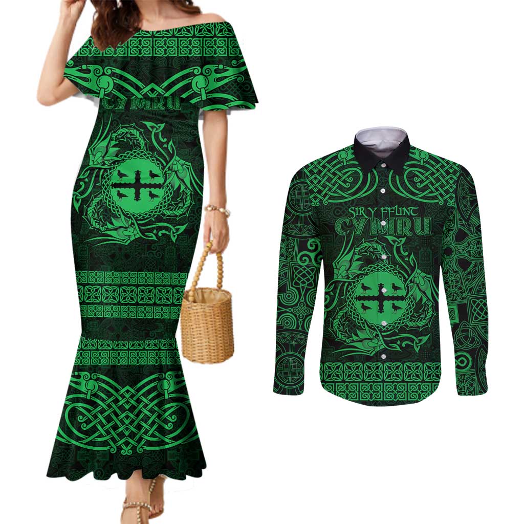 Personalized Flintshire Sir y Fflint Couples Matching Mermaid Dress and Long Sleeve Button Shirt Green Four Choughs Celtic-inspired - Wonder Print Shop