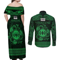 Personalized Flintshire Sir y Fflint Couples Matching Off Shoulder Maxi Dress and Long Sleeve Button Shirt Green Four Choughs Celtic-inspired - Wonder Print Shop