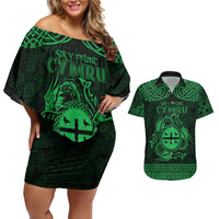 Personalized Flintshire Sir y Fflint Couples Matching Off Shoulder Short Dress and Hawaiian Shirt Green Four Choughs Celtic-inspired - Wonder Print Shop