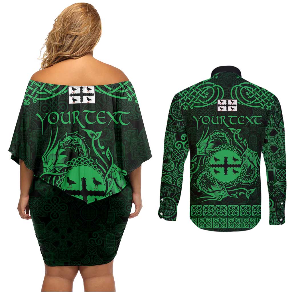 Personalized Flintshire Sir y Fflint Couples Matching Off Shoulder Short Dress and Long Sleeve Button Shirt Green Four Choughs Celtic-inspired - Wonder Print Shop