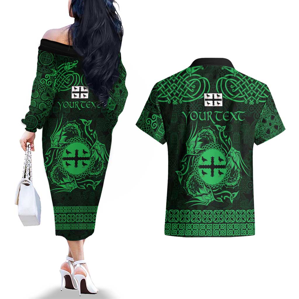 Personalized Flintshire Sir y Fflint Couples Matching Off The Shoulder Long Sleeve Dress and Hawaiian Shirt Green Four Choughs Celtic-inspired - Wonder Print Shop