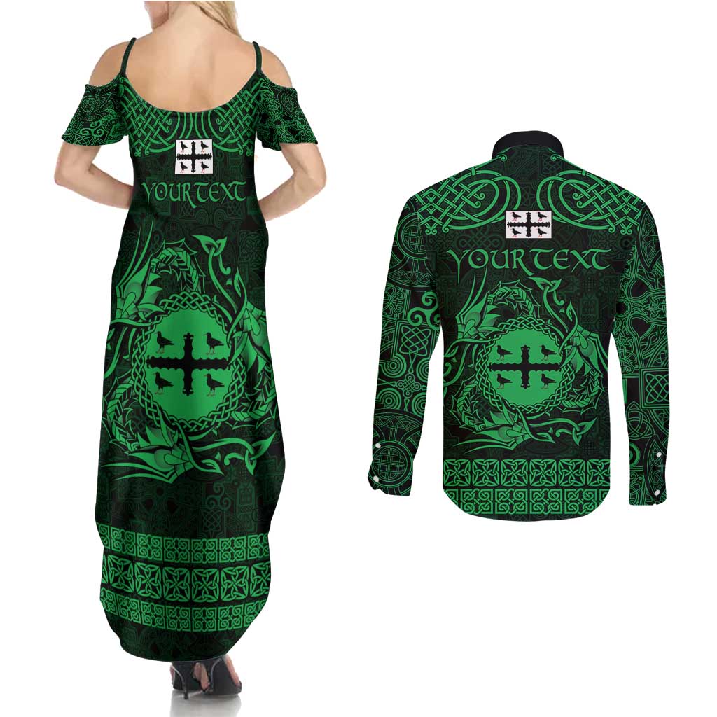 Personalized Flintshire Sir y Fflint Couples Matching Summer Maxi Dress and Long Sleeve Button Shirt Green Four Choughs Celtic-inspired - Wonder Print Shop