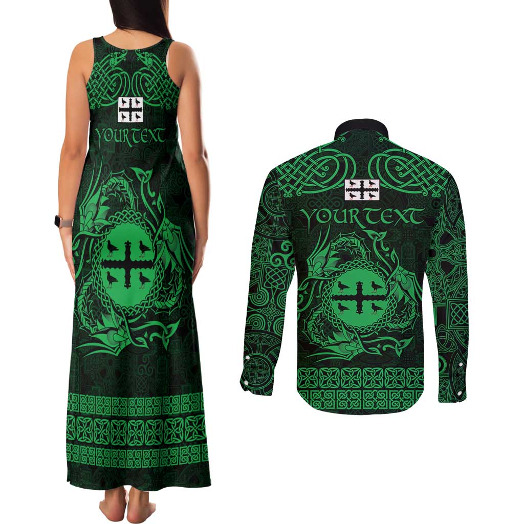 Personalized Flintshire Sir y Fflint Couples Matching Tank Maxi Dress and Long Sleeve Button Shirt Green Four Choughs Celtic-inspired - Wonder Print Shop