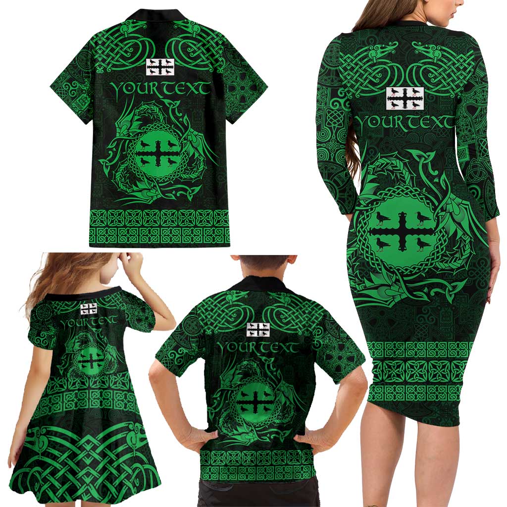 Personalized Flintshire Sir y Fflint Family Matching Long Sleeve Bodycon Dress and Hawaiian Shirt Green Four Choughs Celtic-inspired - Wonder Print Shop