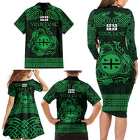 Personalized Flintshire Sir y Fflint Family Matching Long Sleeve Bodycon Dress and Hawaiian Shirt Green Four Choughs Celtic-inspired - Wonder Print Shop